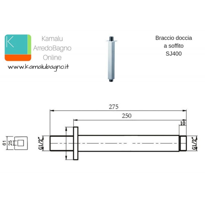 Braccio doccia a soffitto 25cm kamalu