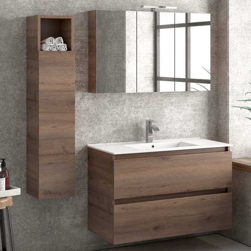 Composizione bagno sospesa 100cm: mobile con lavabo, specchio contenitore e colonna  TOD-100F kamalu - 2