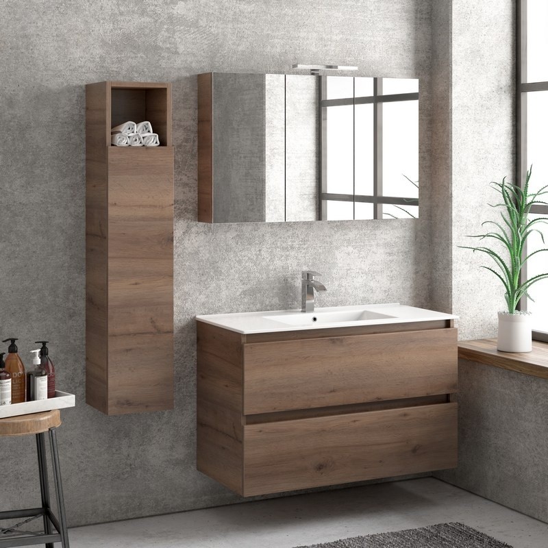 Composizione bagno sospesa 100cm: mobile con lavabo, specchio contenitore e colonna  TOD-100F kamalu - 1