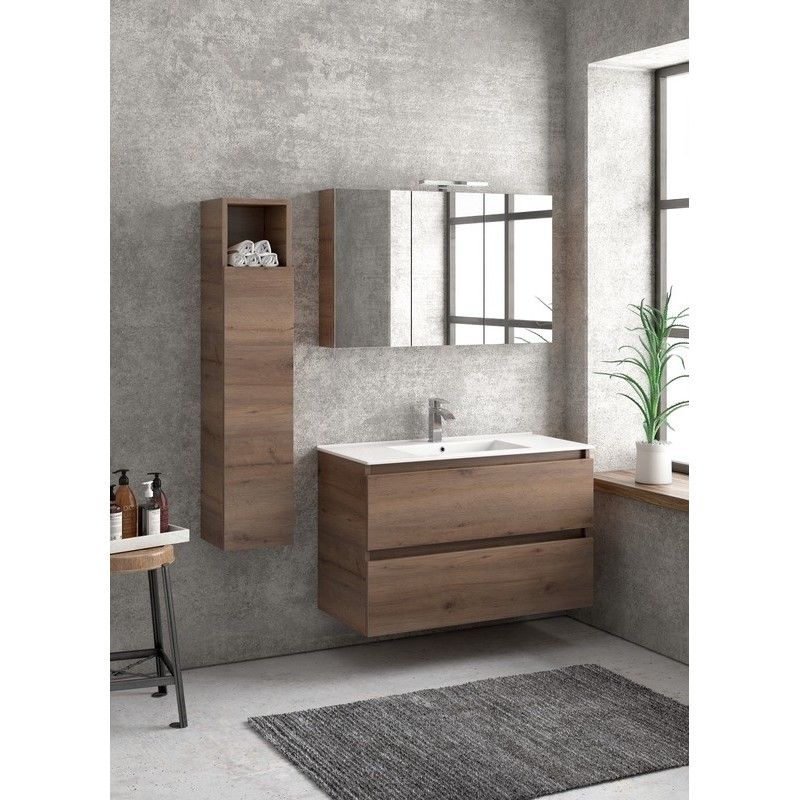Composizione bagno sospesa 100cm: mobile con lavabo, specchio contenitore e colonna  TOD-100F kamalu