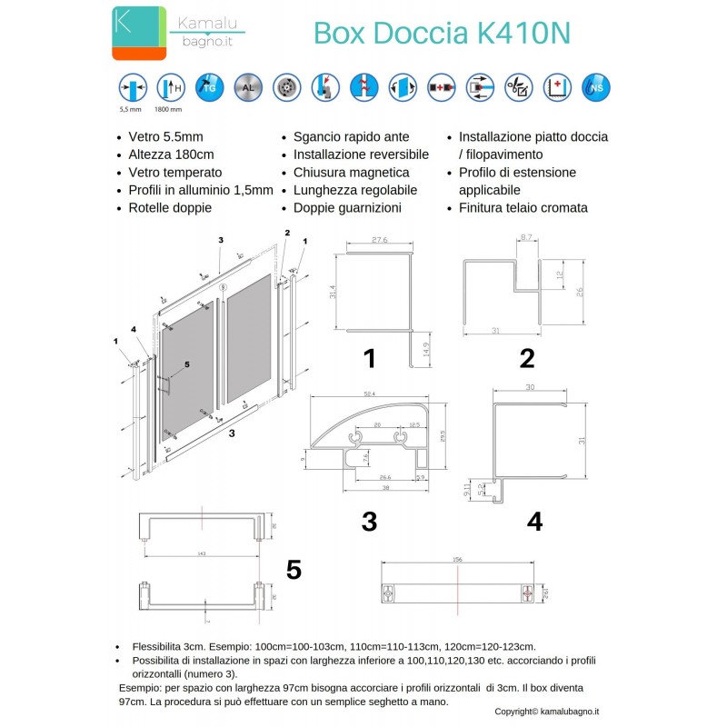 Porta doccia nicchia 110cm con anta scorrevole altezza 180cm K410N kamalu - 3