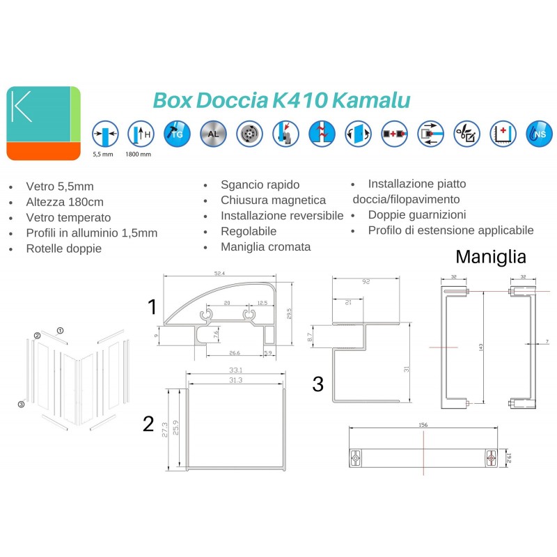Box doccia dimensioni 140x80 vetro trasparente altezza 180cm K410 kamalu - 3
