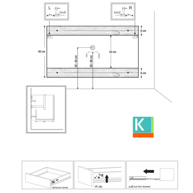Mobile bagno sospeso 80cm con cassetto ammortizzato SP-80A kamalu - 6