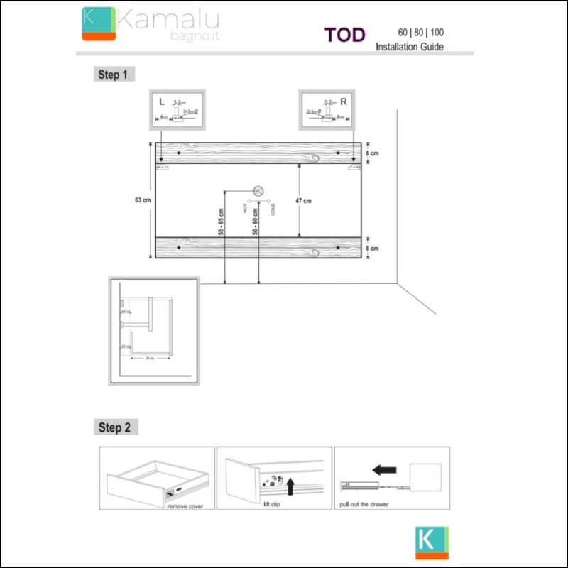 Composizione bagno sospesa 100cm: mobile con lavabo, specchio contenitore e colonna  TOD-100F kamalu - 13