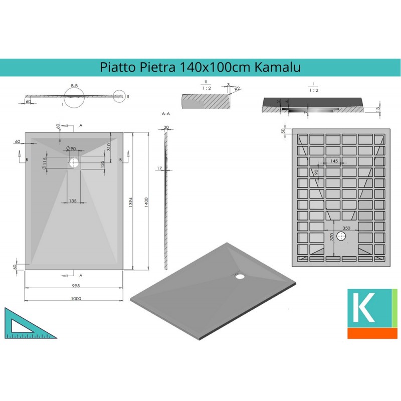 Piatto doccia 140x100 effetto pietra colore nero ardesia kamalu - 2