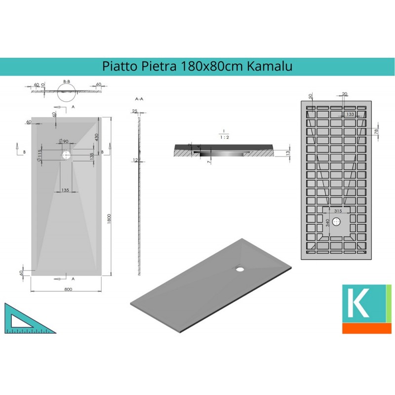 Piatto doccia 180x80 pietra crema avorio riducibile kamalu - 2