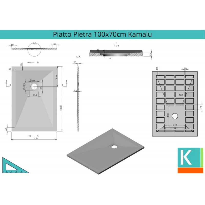 Piatto doccia 100x70 cm effetto pietra colore grigio cemento kamalu - 2