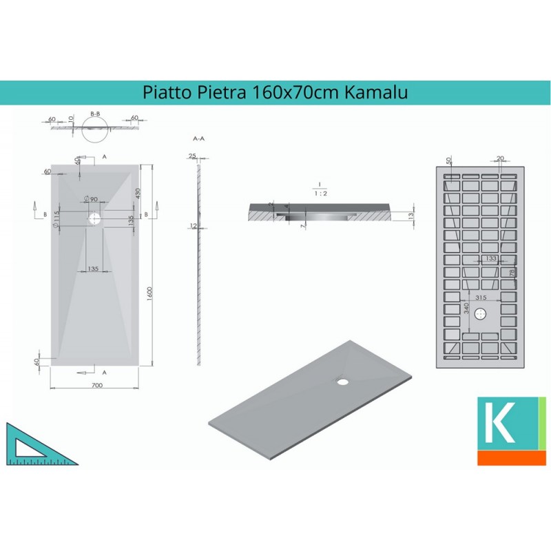 Piatto doccia 160x70cm effetto pietra colore grigio cemento kamalu - 2