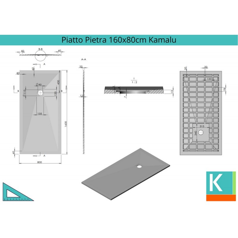 Piatto doccia 160x80 effetto pietra grigio cemento kamalu - 2