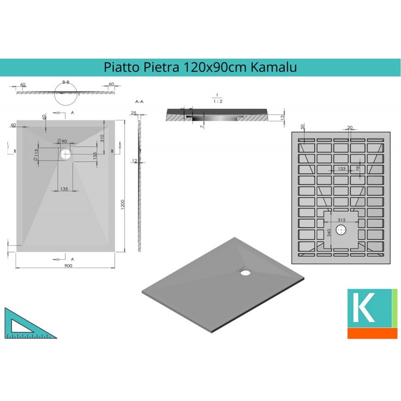 Piatto doccia 120x90 effetto pietra colore grigio kamalu - 2