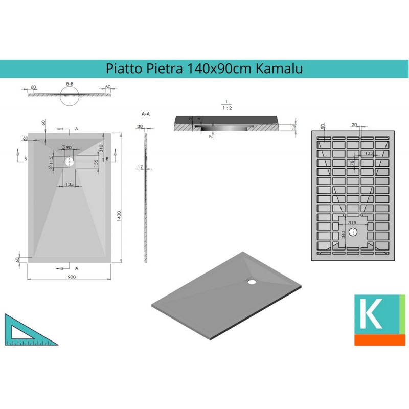 Piatto doccia 140x90 effetto pietra colore grigio kamalu - 2