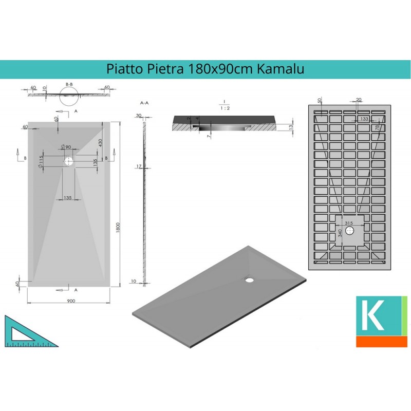 Piatto doccia 180x90 effetto pietra colore grigio kamalu - 2