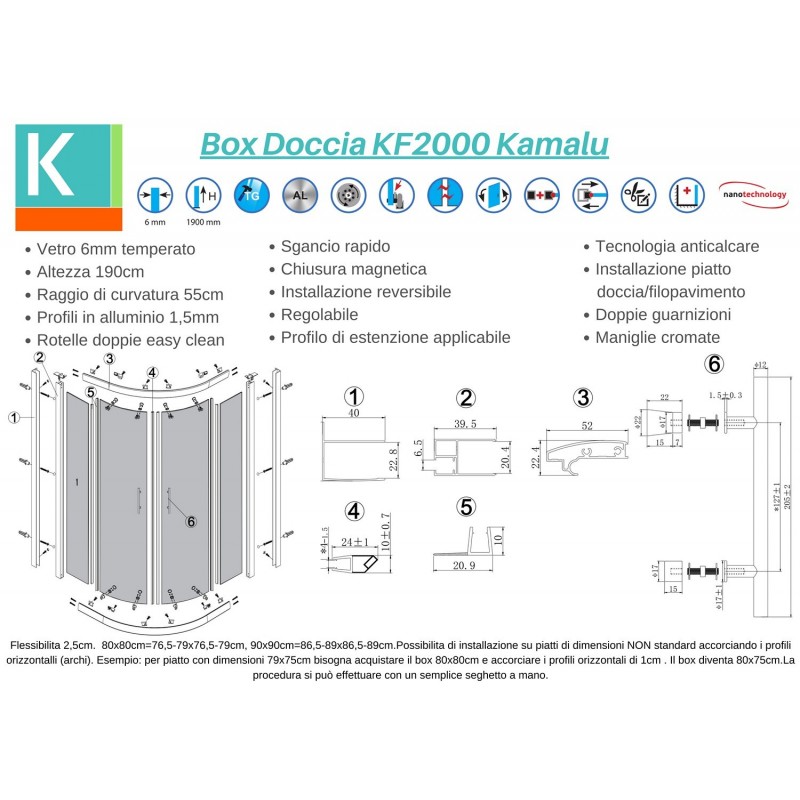 Box doccia semicircolare 90x90 vetro satinato anticalcare KF2000 kamalu - 3