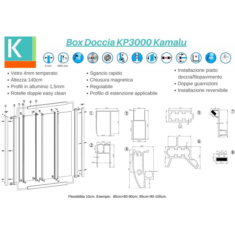 Porta doccia 115cm vetro serigrafato altezza 180cm KP3000 kamalu - 3