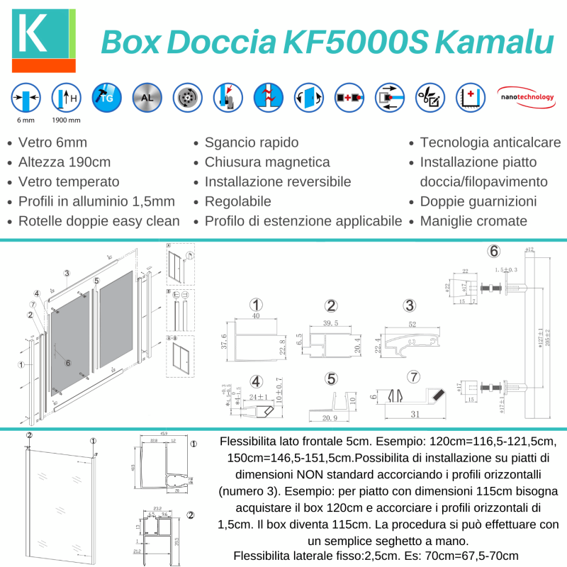 Box doccia angolo 120x70 vetro 6mm anticalcare KF5000S kamalu 