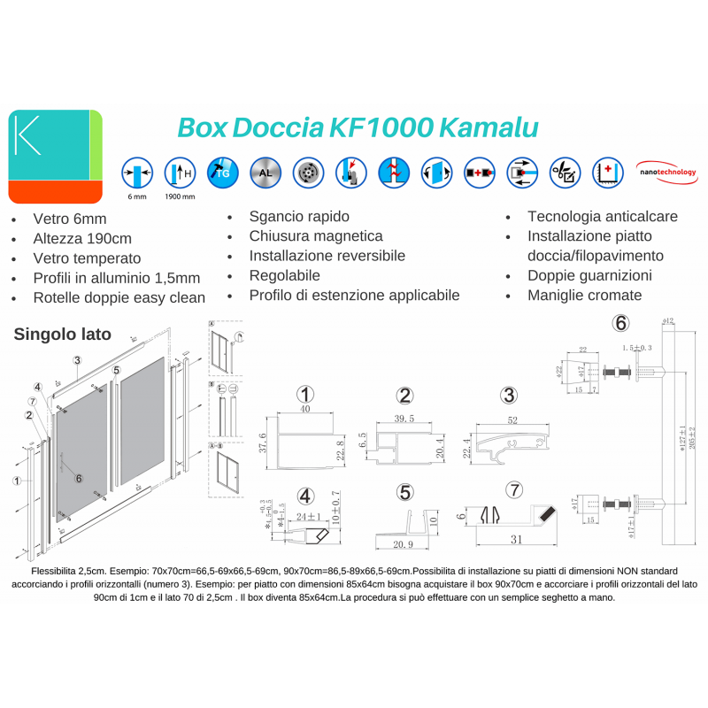 Box doccia 100x80 cm angolare cristallo trasparente KF1000 kamalu 