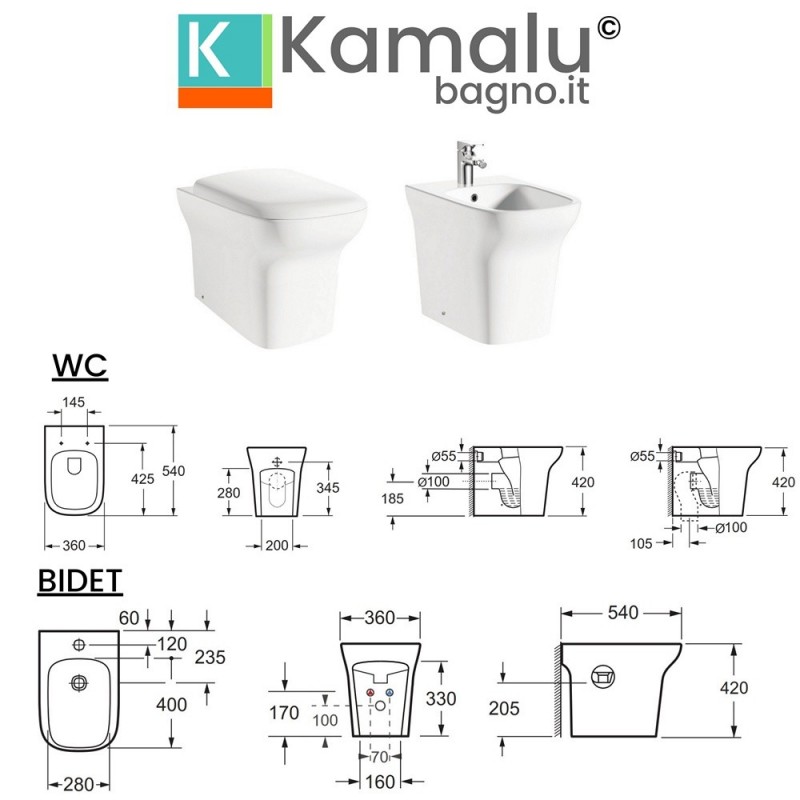 Vaso e bidet filomuro ceramica sistema soft-close m kamalu 