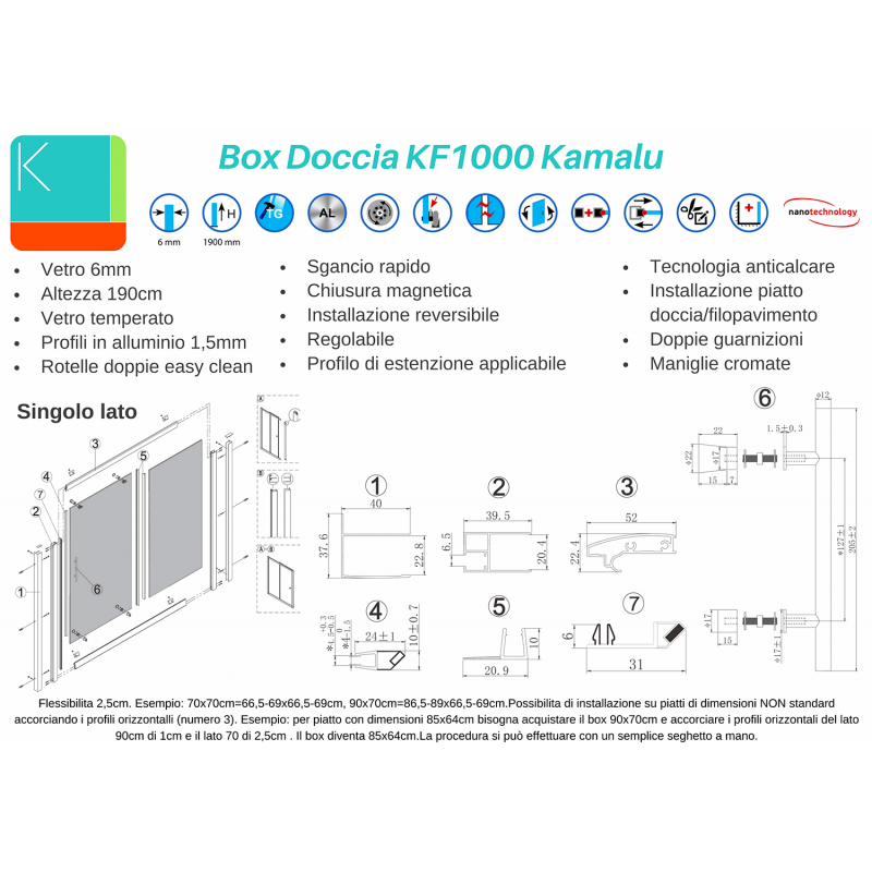 Box doccia angolare 110x80 cm cristallo opaco KF1000 kamalu - 3