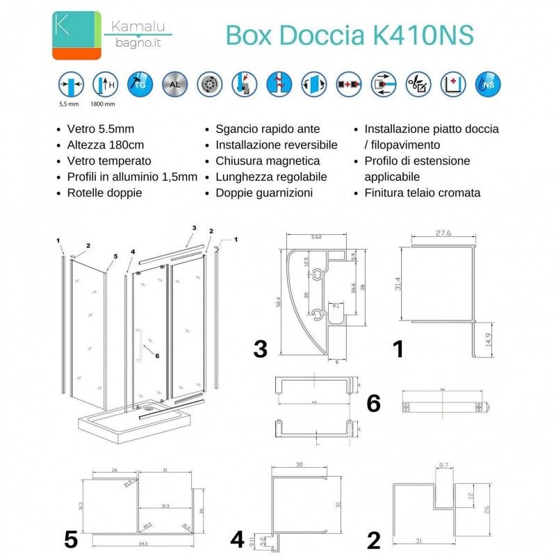 Box doccia 3 lati 80x120x80 apertura scorrevole vetro trasparente K410NS kamalu - 6