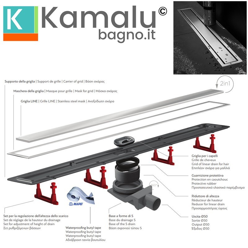 Canalina per doccia 75cm tappo in acciaio o piastrella con sifone C-750 kamalu - 4