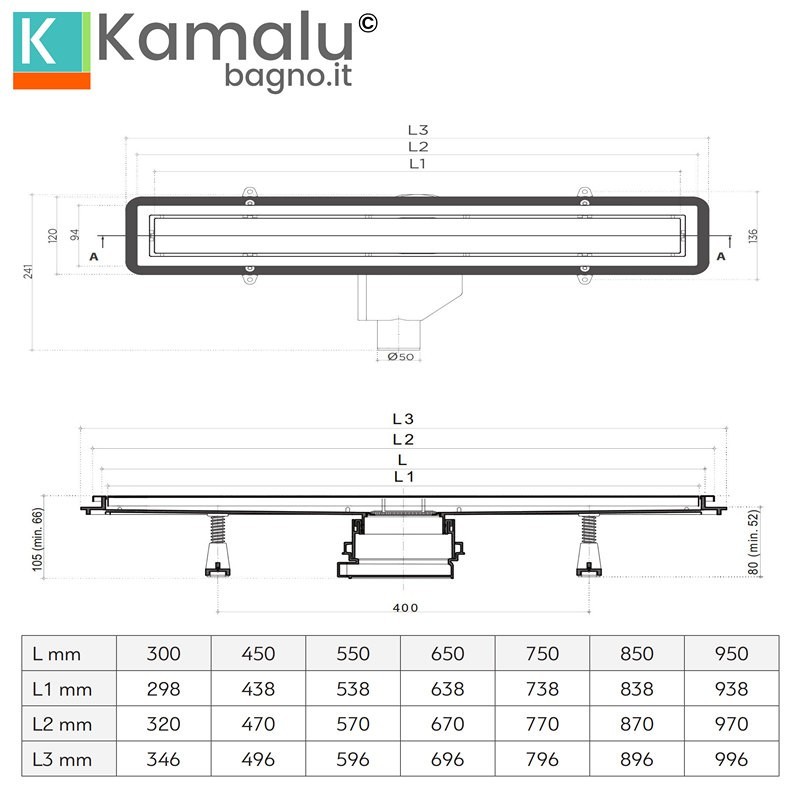 Canalina per doccia 75cm tappo in acciaio o piastrella con sifone C-750 kamalu - 5