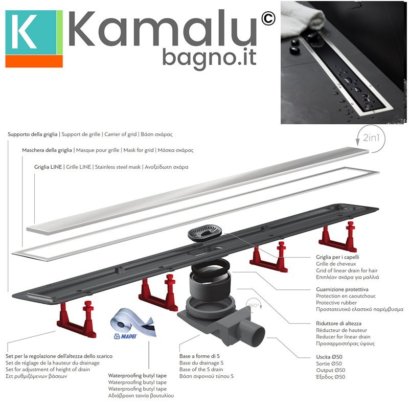 Canalina per doccia 75cm con coperchio in vetro nero CN-750 kamalu - 3