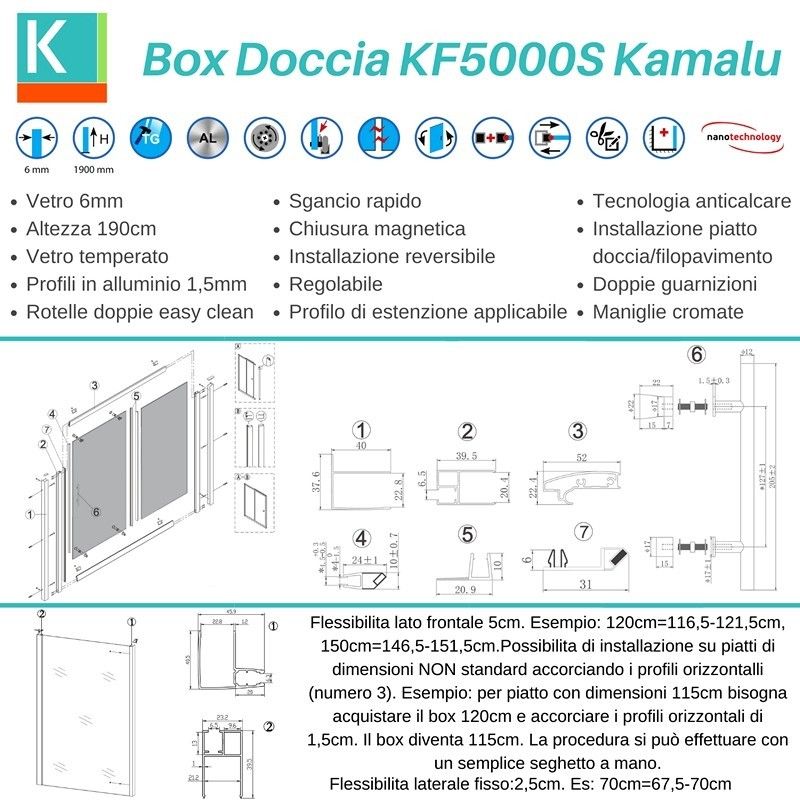Box doccia 120x70 vetro opaco anticalcare anta scorrevole KF5000S kamalu - 3