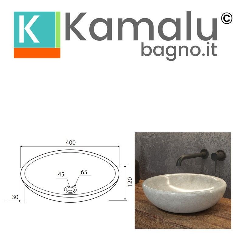 Lavabo in marmo colore crema 40cm con bordo arrotondato Litos-SC40 kamalu - 5