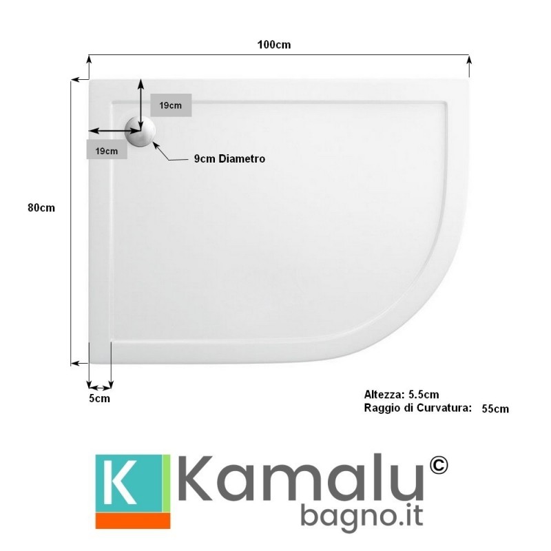 Piatto doccia 100x80 semicircolare versione sinistra KAM-1000 kamalu - 3
