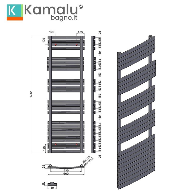 Scalda bagno termoarredo 174x50 con tubi piatti modello Kam-372 kamalu - 6