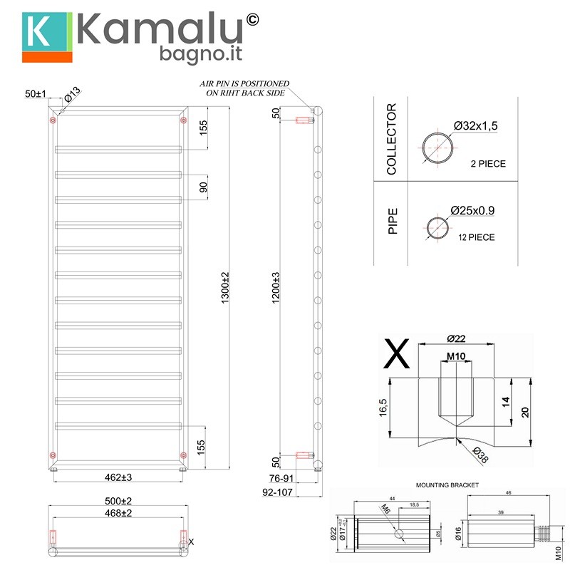 Termoarredo scalda salviette 1300x500mm colore nero opaco KAM-D7013N kamalu - 5