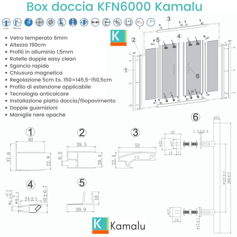 Nicchia doccia 150cm doppio scorrevole colore nero KFN6000 kamalu - 4