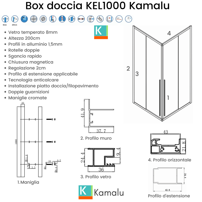 Box doccia 80x80 angolare doppio scorrevole vetro 8mm altezza 200h | KEL1000 kamalu - 3
