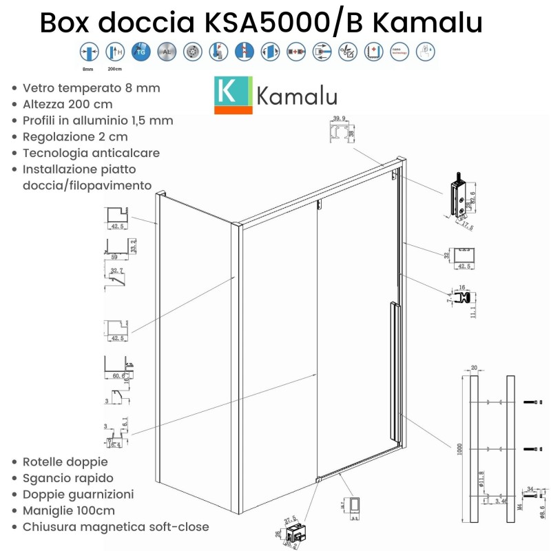 Box doccia 80x120 scorrevole e lato fisso vetro 8mm altezza h200 | KSA5000 kamalu - 3