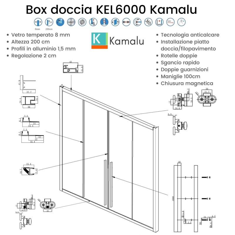 Nicchia doccia 170 cm doppio scorrevole vetro 8mm altezza 200h | KEL6000 kamalu - 3