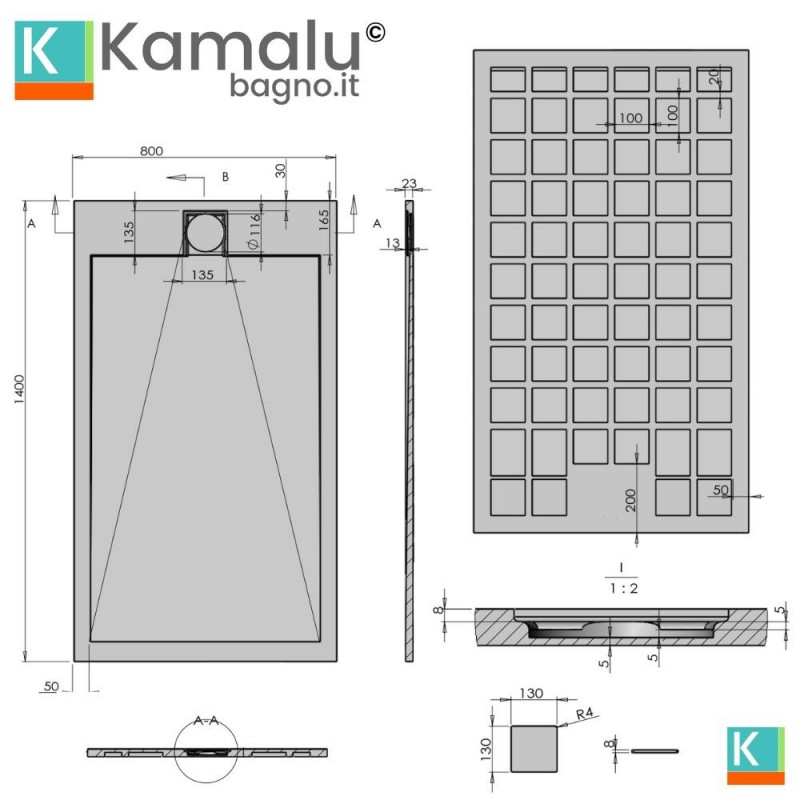 Piatto doccia in resina 80x140 effetto pietra | KR1000 kamalu - 4