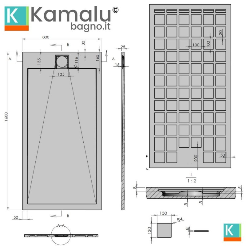 Piatto doccia in resina 80x160 effetto pietra | KR1000 kamalu - 4