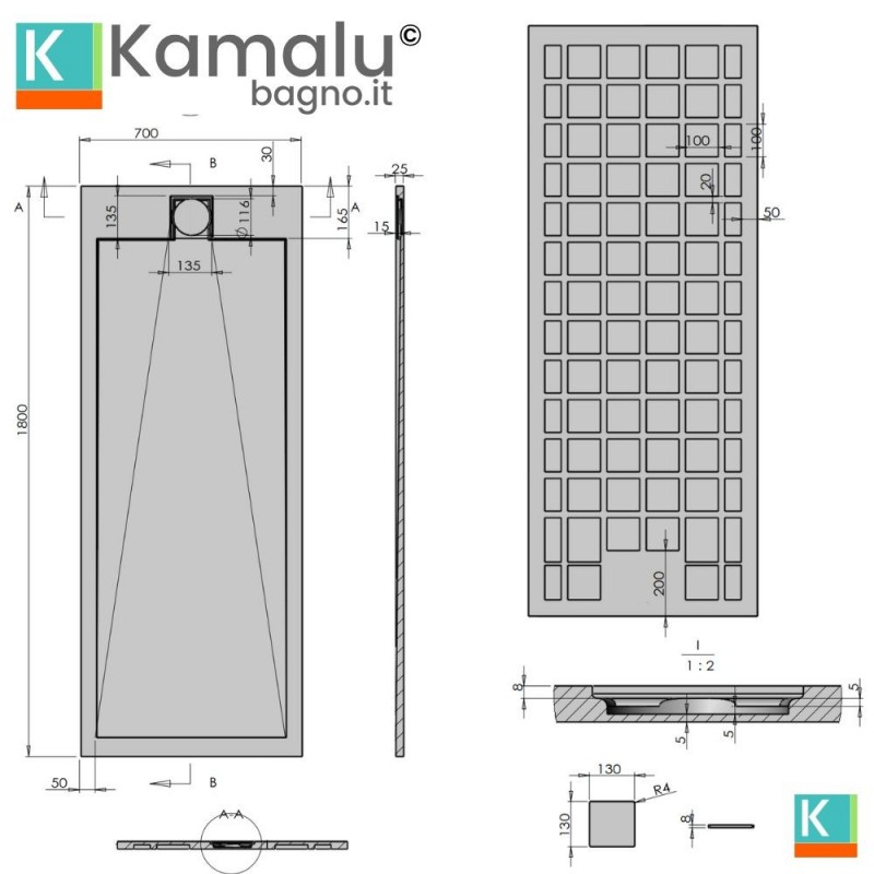 Piatto doccia in resina 70x180 effetto pietra | KR1000 kamalu - 4