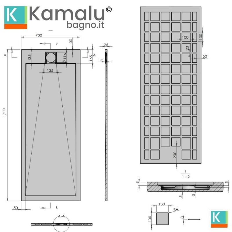 Piatto doccia in resina 70x170 effetto pietra | KR1000 kamalu - 4