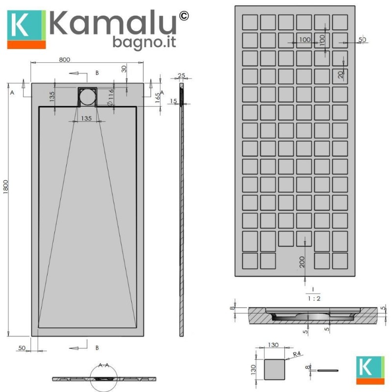 Piatto doccia in resina 80x180 effetto pietra | KR1000 kamalu - 4