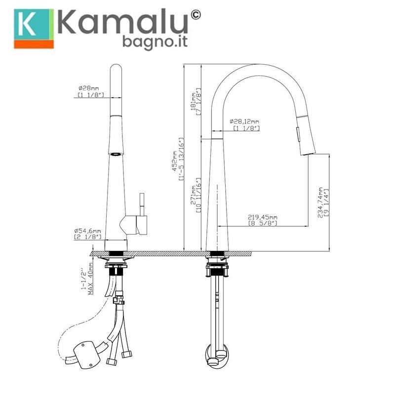 Miscelatore cucina inox satinato con doccetta estraibile | Kam-050  - 3