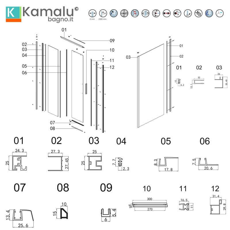 Box doccia oro satinato 75x130 scorrevole e fisso vetro 6mm altezza 200h | KLA-4000G kamalu - 3