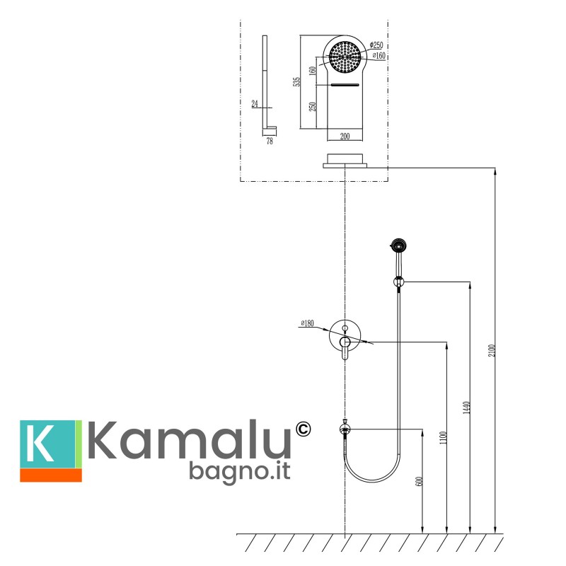 Set doccia a incasso con cascata, doccetta miscelatore e rubinetto | KAM-ARTE CASCATA kamalu - 2