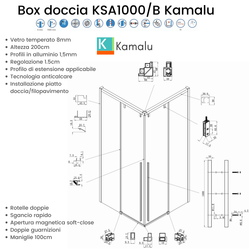 Box doccia 80x80 colore nero doppio scorrevole vetro 8mm | KSA1000B kamalu - 6