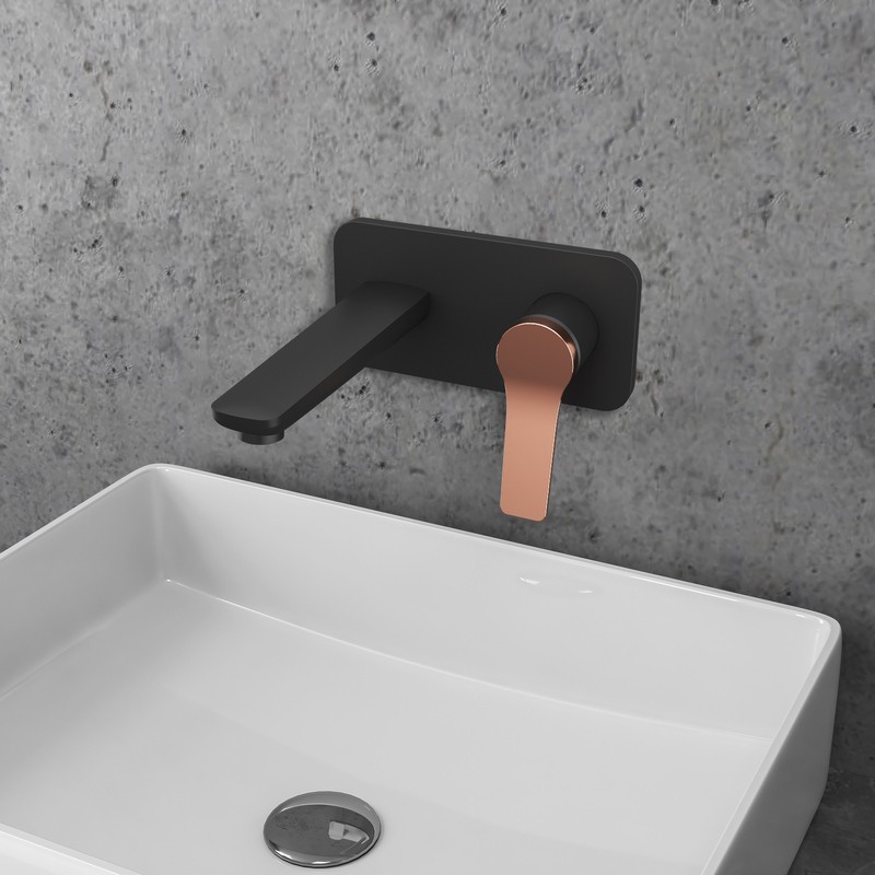 Miscelatore lavabo a muro finitura nera e leva in oro rosa | KAM-KANDA NERO-RG kamalu - 1