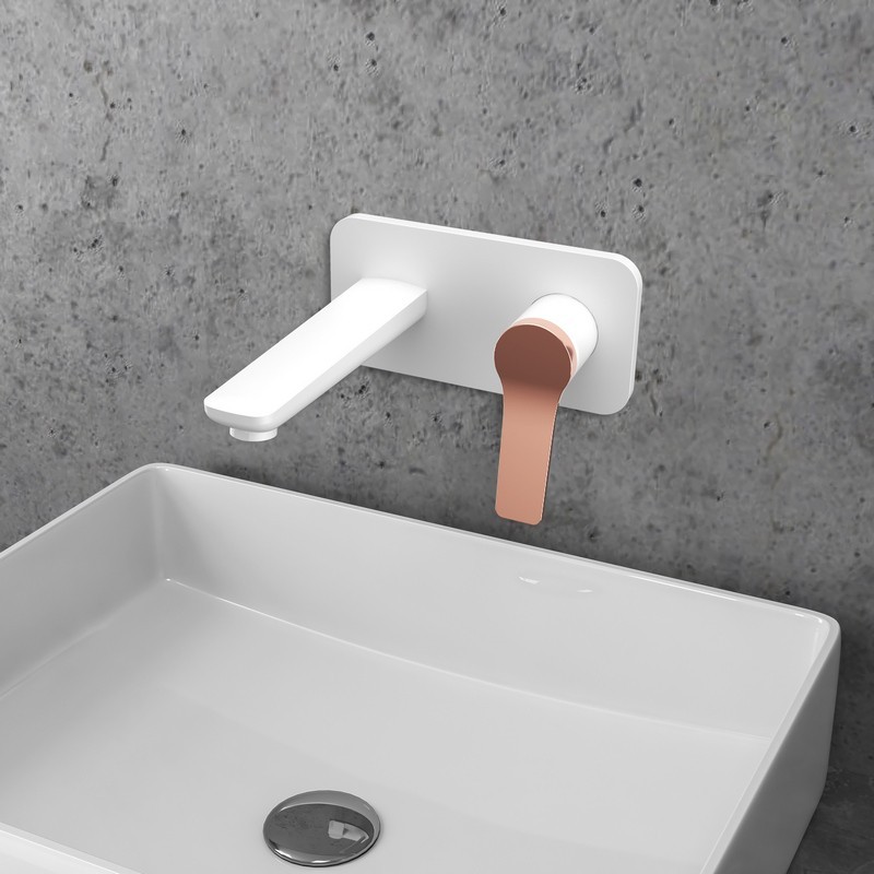 Miscelatore lavabo a muro finitura bianca e leva oro rosa | KAM-KANDA BIANCO-RG kamalu - 1