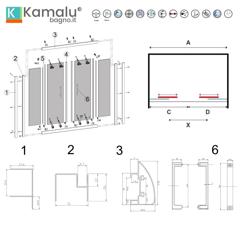 Nicchia doccia 190cm doppio scorrevole altezza 180cm | KAM-KNF6000 kamalu - 3