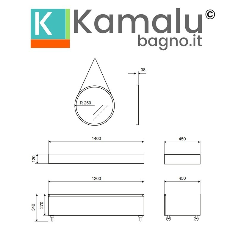 Composizione bagno 120 cm con mobile a terra e mensolone grigio pietra | KAM-KK1203G kamalu - 6