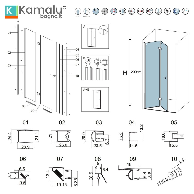 Porta doccia a libro 60 cm colore nero altezza 200h | KAM-KS700N kamalu - 3