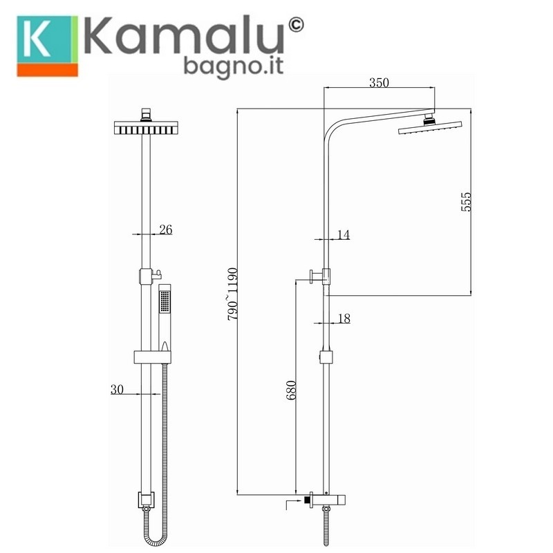 Colonna doccia fissa con soffione quadrato finitura cromata| K6000 kamalu - 7